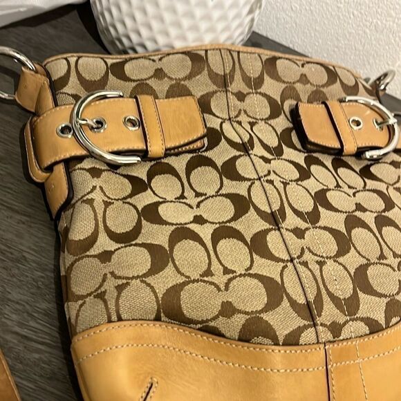 COACH 3574 Sufflette Cloth + Leather Shoulder Bag Crossbody Tan Jacquard - Picture 2 of 16